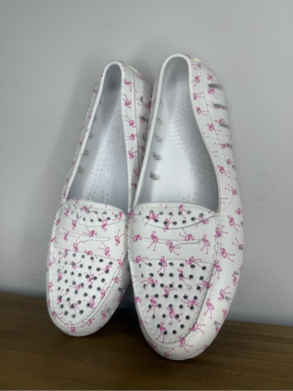 Women’s White Floafers Flats with Pink Flamingo Print